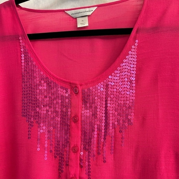Christopher & Banks sequined Pink Fuchsia blouse top w/drawstring waistSz-XL V17 - Picture 3 of 7